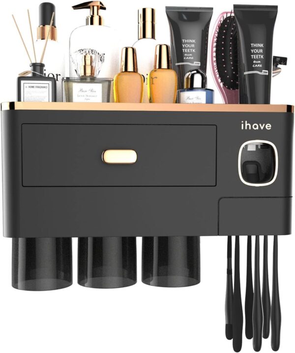 Toothbrush Holders for Bathrooms, 4 Cups Toothbrush Holder Wall Mounted with Toothpaste Dispenser