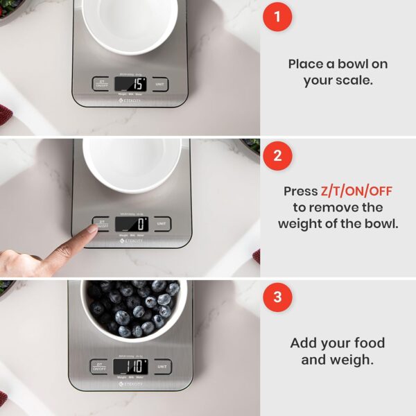 Etekcity Food Kitchen Scale, Digital Grams and Ounces for Weight Loss, Baking, Cooking, Keto and Meal Prep, LCD Display, Medium, 304 Stainless Steel - Image 3