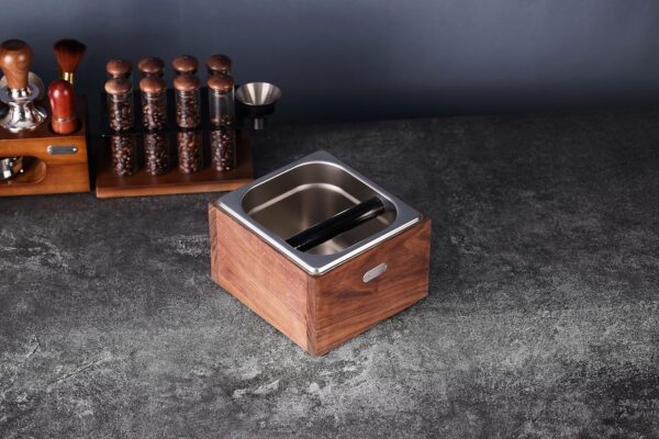 Walnut Spresso Knock Box Called Coffee Knock Box Made of Sturdy Wood And Easy-Clean Stainless Steel Knockbox the Espresso Dump Box Avoid Coffee Grounds Splashing - Image 5