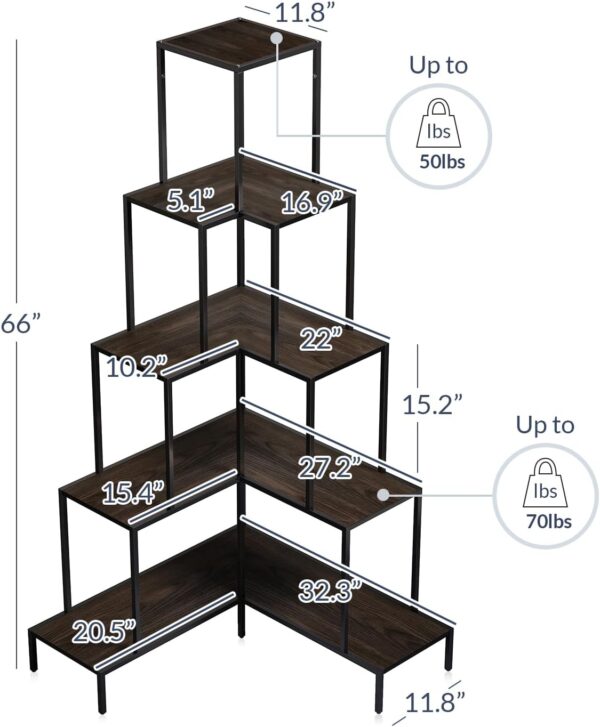 BELLEZE 5-Tier Corner Bookshelf with RGB Lights and Remote, 66 fram