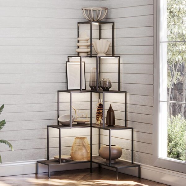 BELLEZE 5-Tier Corner Bookshelf with RGB Lights and Remote, 66 with lightining